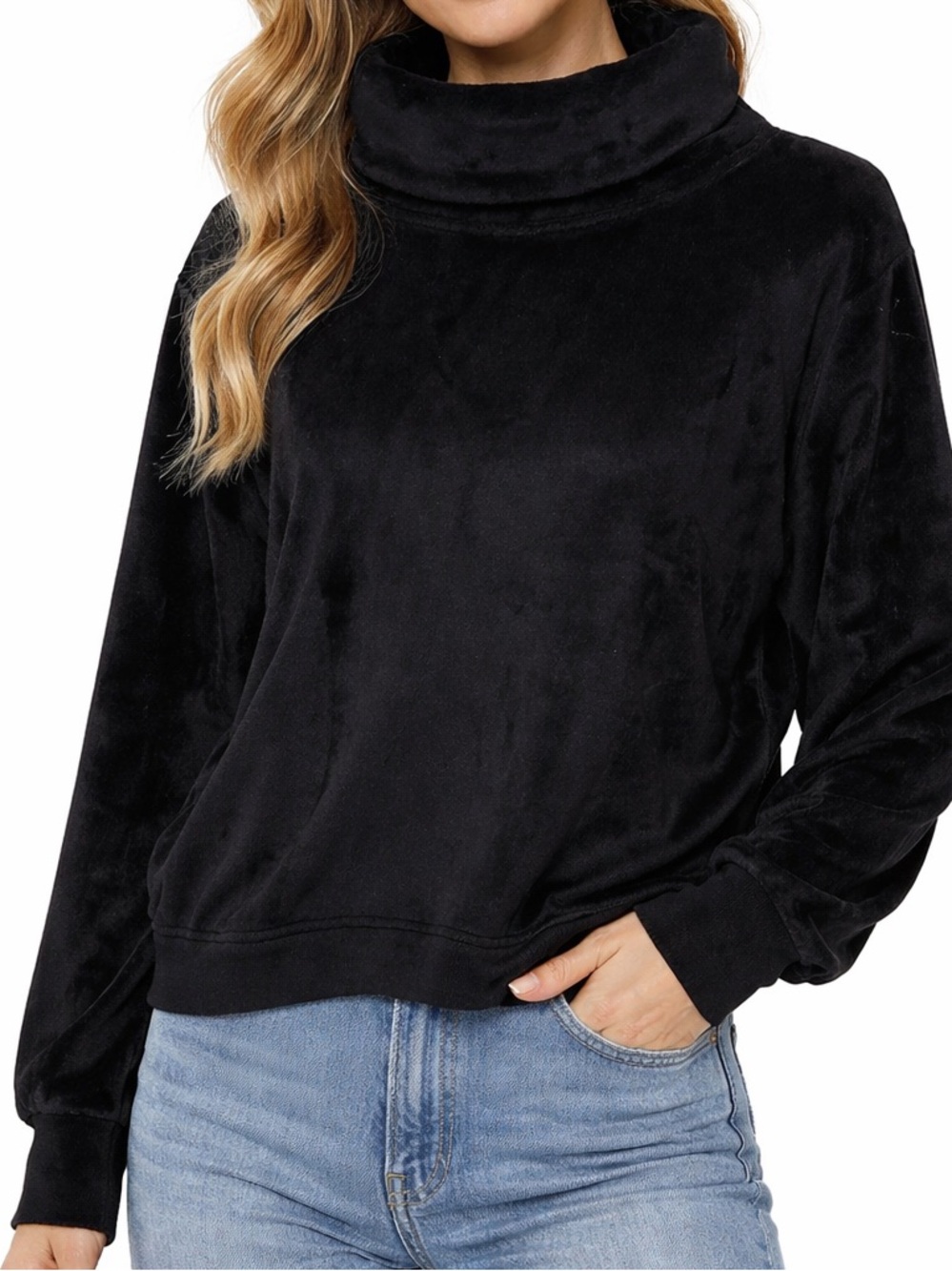 Athleta Cozy Karma Velour Funnel-Neck Sweatshirt in Black Size XS